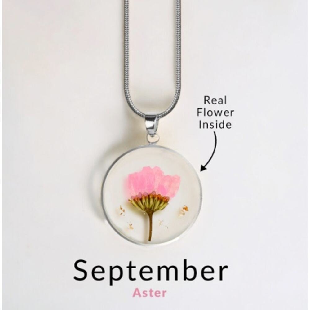 Mint & Lilly Pressed Birth Flower Necklace*September*Aster*Silver